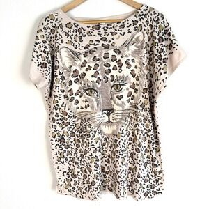 Vintage 80s Graphic Tee Womens Medium Glitter Cheetah Glam Oversized Cat Print